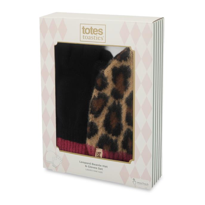 totes toasties® Ladies Cable Hat & Glove Gift Set Leopard / Black Mix Extra Image 1